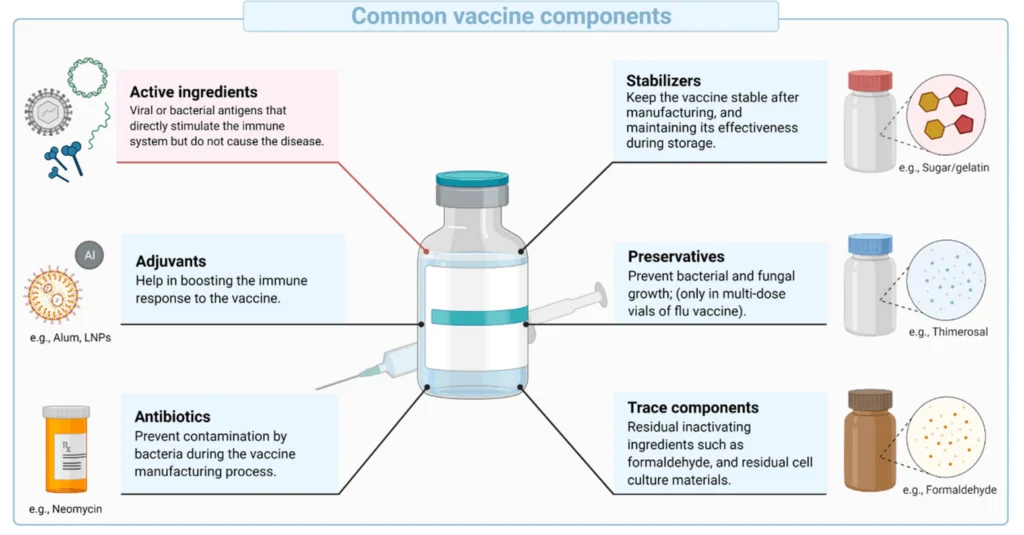 Vaccine components: active ingredients, adjuvants, antibiotics, stabilizers, preservatives, trace components, immune response, bacteria prevention, storage stability, safety.